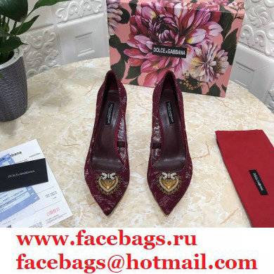 Dolce & Gabbana Heel 10.5cm Taormina Lace Pumps Burgundy with Devotion Heart 2021